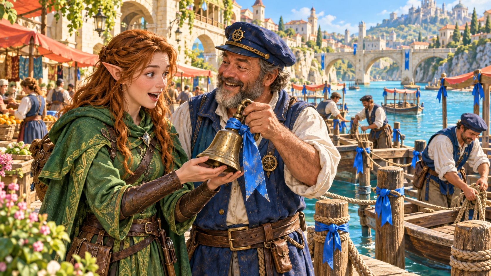 An adventurer and an older ferry captain share a decorated bell beside a lively fantasy harbour.