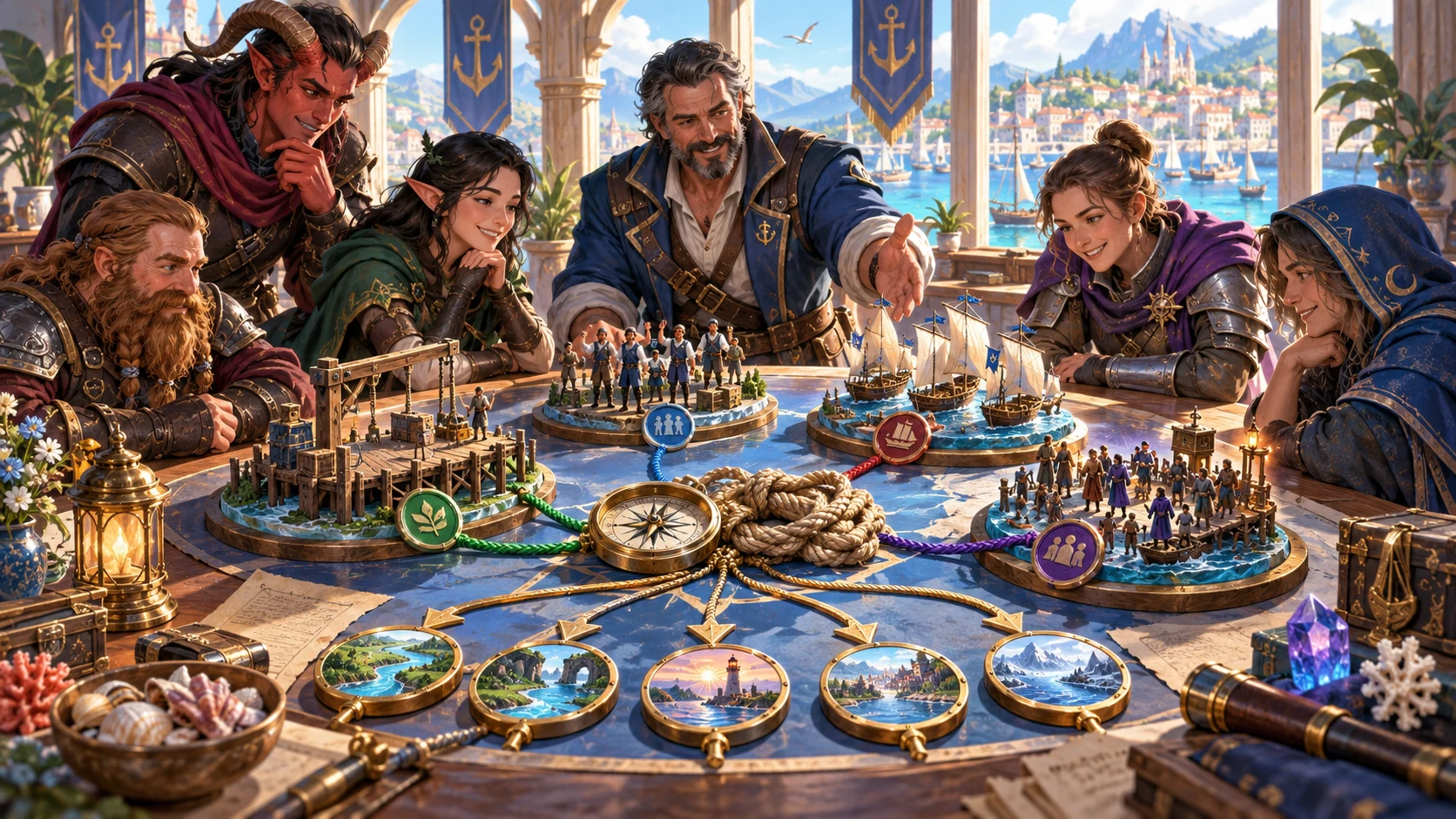 Companions review a miniature harbour, people, boats and connected choice markers at a campaign table.