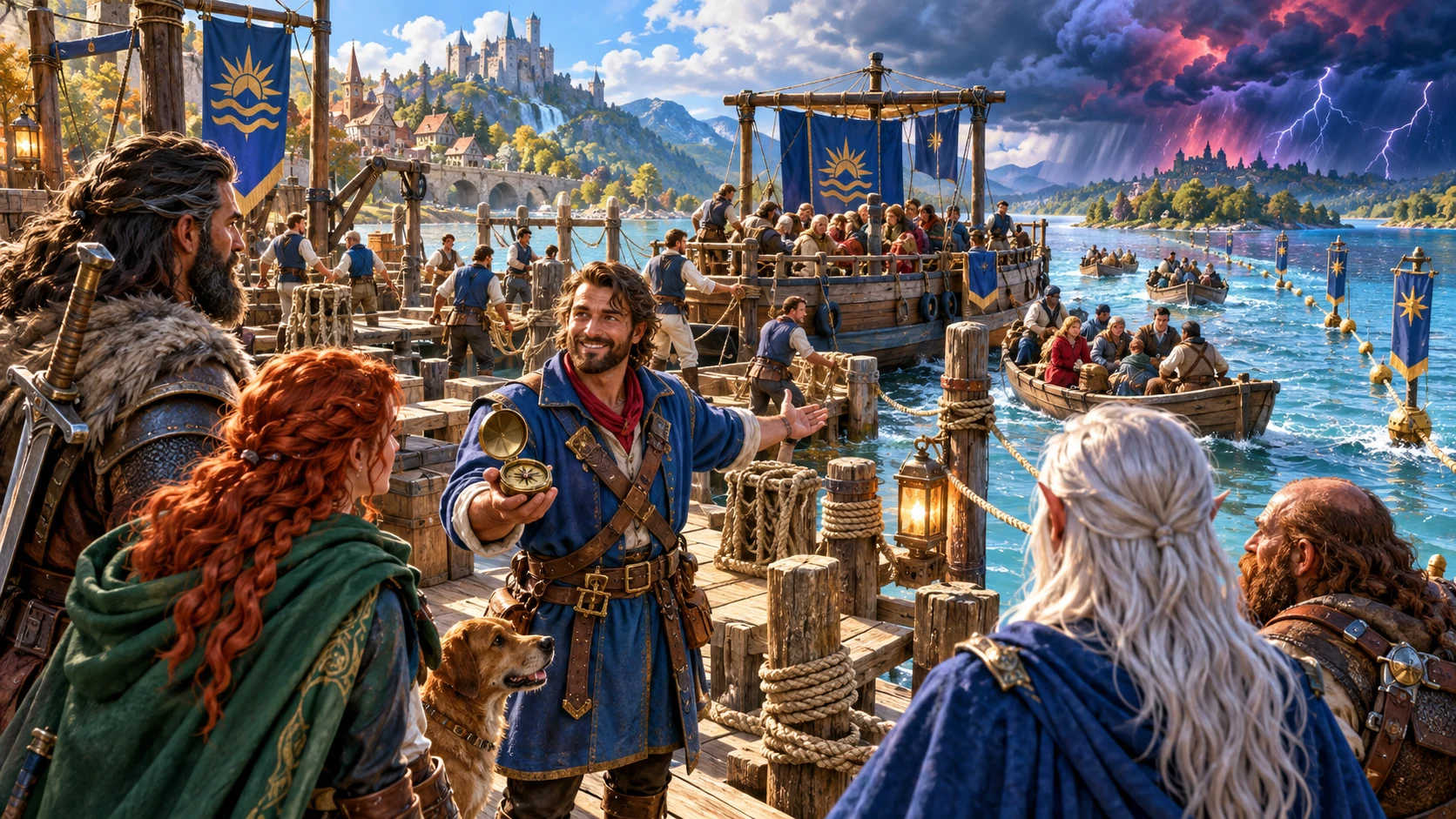 A ferry captain shows adventurers a compass while boats carry people to safety ahead of a dark storm.